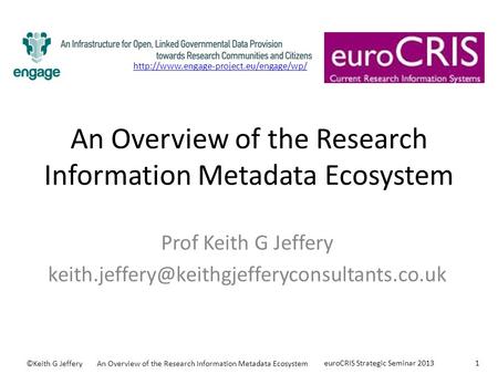 An Overview of the Research Information Metadata Ecosystem Prof Keith G Jeffery ©Keith G JefferyAn Overview.