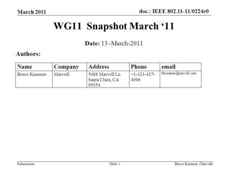 Doc.: IEEE 802.11-11/0224r0 Submission March 2011 Bruce Kraemer (Marvell)Slide 1 WG11 Snapshot March ‘11 Date: 13 -March-2011 Authors: