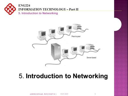 ENG224 INFORMATION TECHNOLOGY – Part II 5. Introduction to Networking 1 9/15/2015 ASHOK KUMAR, PGT(COMP SC.)