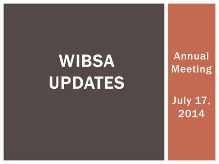 Annual Meeting July 17, 2014 WIBSA UPDATES.  Rosie Stelpflug, President  Current term ending June 30, 2015  Samantha Donoghue, Vice President  Current.