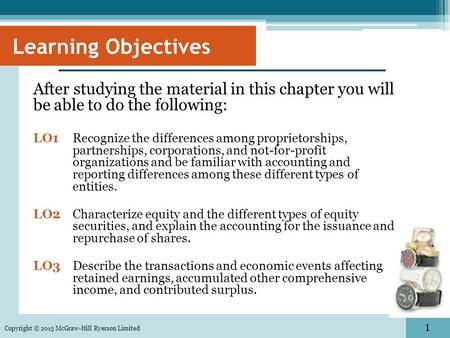 1 Learning Objectives After studying the material in this chapter you will be able to do the following: LO1 Recognize the differences among proprietorships,