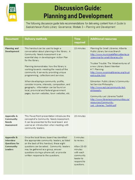 DocumentDelivery methodsTime required Additional resources Planning and Development This handout can be used to begin a conversation about planning in.