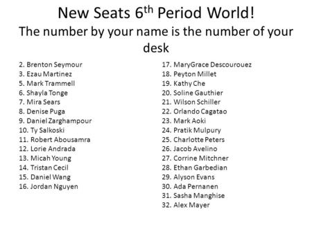 New Seats 6th Period World