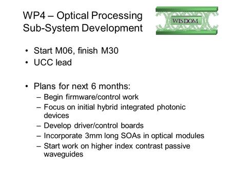 WP4 – Optical Processing Sub-System Development Start M06, finish M30 UCC lead Plans for next 6 months: –Begin firmware/control work –Focus on initial.