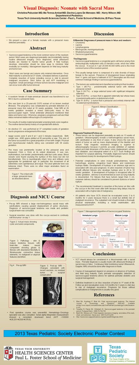 Introduction We present a case of a female neonate with a presacral mass detected prenatally. Visual Diagnosis: Neonate with Sacral Mass Christina Pabustan.