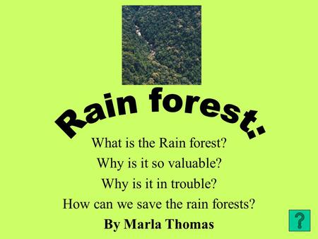 What is the Rain forest? Why is it so valuable? Why is it in trouble? How can we save the rain forests? By Marla Thomas.