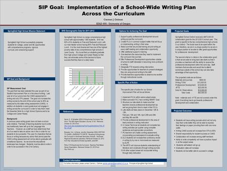 POSTER TEMPLATE BY: www.PosterPresentations.com SIP Goal: Implementation of a School-Wide Writing Plan Across the Curriculum Carmen J. Gelman EDLD 655.