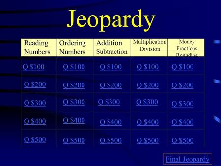 Jeopardy Reading Numbers Ordering Numbers Addition Subtraction Multiplication Division Money Fractions Rounding Q $100 Q $200 Q $300 Q $400 Q $500 Q $100.