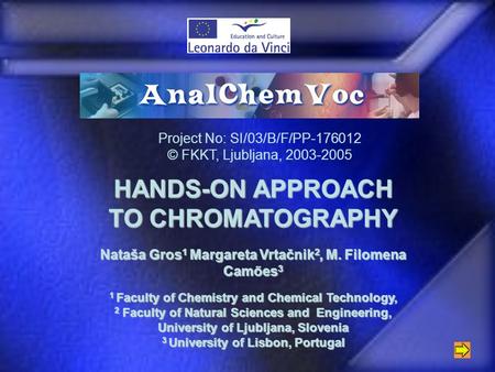 HANDS-ON APPROACH TO CHROMATOGRAPHY Nataša Gros 1 Margareta Vrtačnik 2, M. Filomena Camões 3 1 Faculty of Chemistry and Chemical Technology, 2 Faculty.