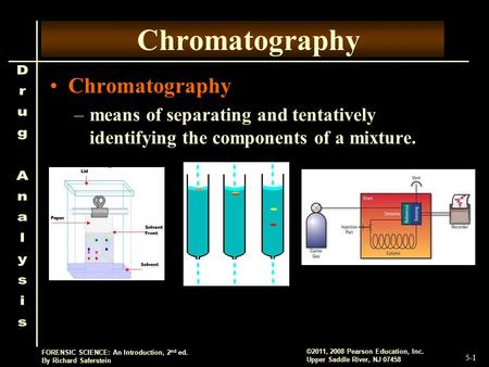 5-1 ©2011, 2008 Pearson Education, Inc. Upper Saddle River, NJ 07458 FORENSIC SCIENCE: An Introduction, 2 nd ed. By Richard Saferstein Chromatography –means.