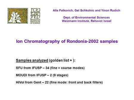 Samples analyzed (golden list + ): SFU from IFUSP – 34 (fine + coarse modes) MOUDI from IFUSP – 2 (9 stages) HiVol from Gent – 22 (fine mode: front and.