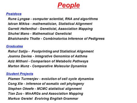 People Graduates Rahul Satija - Footprinting and Statistical Alignment Joanna Davies - Integrative Genomics of Asthma Aziz Mithani - Comparison of Metabolic.