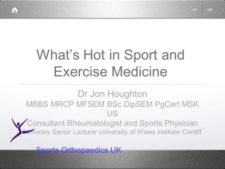 What’s Hot in Sport and Exercise Medicine Dr Jon Houghton MBBS MRCP MFSEM BSc DipSEM PgCert MSK US Consultant Rheumatologist and Sports Physician Honorary.