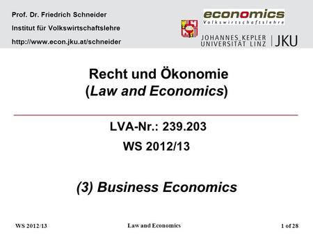 Prof. Dr. Friedrich Schneider Institut für Volkswirtschaftslehre  Recht und Ökonomie (Law and Economics) LVA-Nr.: 239.203.