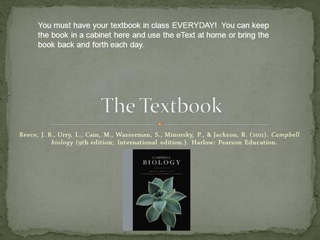 Reece, J. B., Urry, L., Cain, M., Wasserman, S., Minorsky, P., & Jackson, R. (2011). Campbell biology (9th edition; International edition.). Harlow: Pearson.