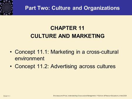 Browaeys and Price, Understanding Cross-cultural Management, 1 st Edition, © Pearson Education Limited 2009 Slide 11.1 Part Two: Culture and Organizations.