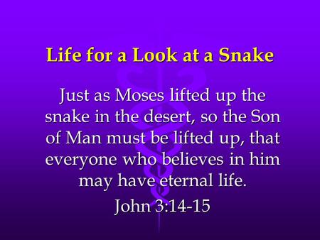 Life for a Look at a Snake Just as Moses lifted up the snake in the desert, so the Son of Man must be lifted up, that everyone who believes in him may.