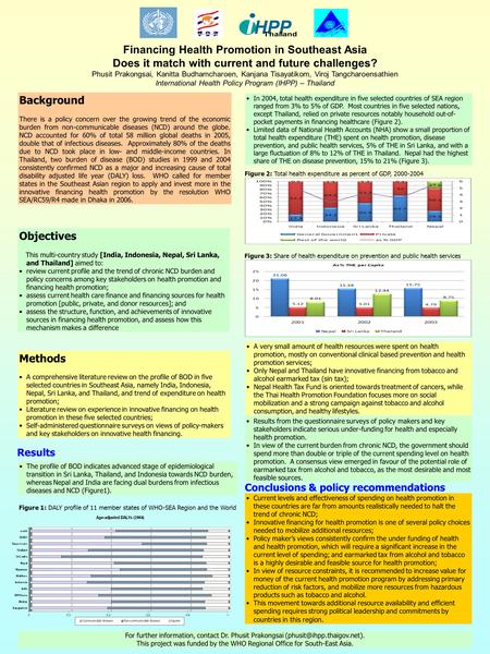 Financing Health Promotion in Southeast Asia Does it match with current and future challenges? Phusit Prakongsai, Kanitta Budhamcharoen, Kanjana Tisayatikom,