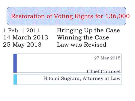 Restoration of Voting Rights for 136,000 1 Feb. 1 2011 Bringing Up the Case 14 March 2013 Winning the Case 25 May 2013 Law was Revised 27 May 2015 Chief.