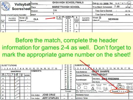 GHSA HIGH SCHOOL FINALS 8 / 6 / 2008 MARIETTA HIGH SCHOOL 7 00 3 A 1 GEOFF SHARPE FRED WRIGHT MIKE FREEMAN JOSE CRUZ JEFF STAPLES Fill in the pre-match.