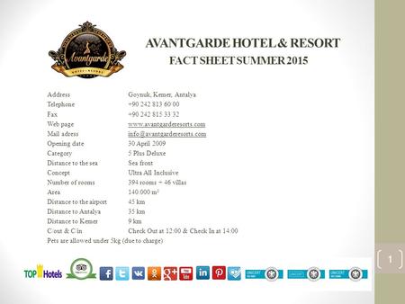 AVANTGARDE HOTEL & RESORT FACT SHEET SUMMER 2015