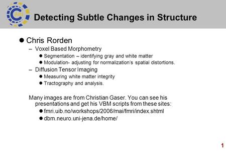 1 Detecting Subtle Changes in Structure Chris Rorden –Voxel Based Morphometry Segmentation – identifying gray and white matter Modulation- adjusting for.