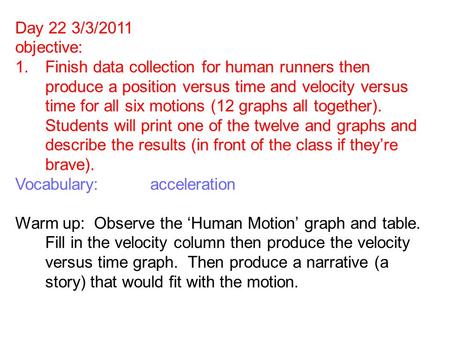 Day 22 3/3/2011 objective: 1.Finish data collection for human runners then produce a position versus time and velocity versus time for all six motions.