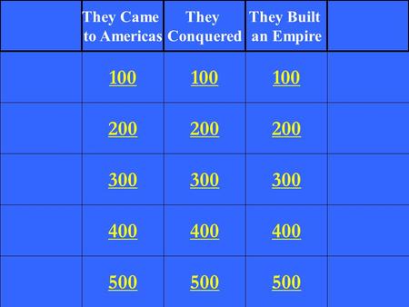 100 200 300 400 500 100 200 300 400 500 100 200 300 400 500 They Came to Americas They Conquered They Built an Empire.