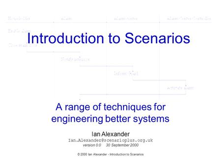 © 2000 Ian Alexander - Introduction to Scenarios Introduction to Scenarios A range of techniques for engineering better systems Ian Alexander