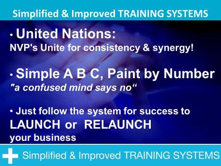 Simplified & Improved TRAINING SYSTEMS United Nations: NVP's Unite for consistency & synergy! Simple A B C, Paint by Number a confused mind says no“ Just.