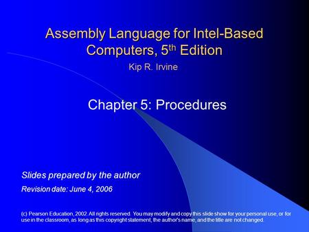 Assembly Language for Intel-Based Computers, 5 th Edition Chapter 5: Procedures (c) Pearson Education, 2002. All rights reserved. You may modify and copy.