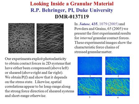 Looking Inside a Granular Material R.P. Behringer, PI, Duke University DMR-0137119 In Nature, 435, 1079 (2005) and Powders and Grains, 65 (2005) we present.