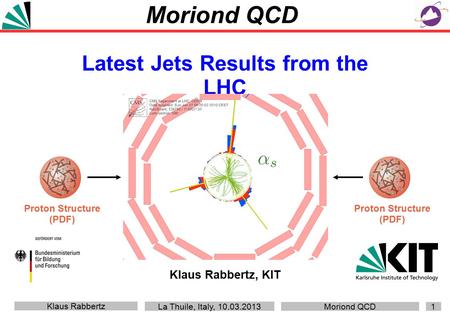 Klaus Rabbertz La Thuile, Italy, 10.03.2013 Moriond QCD 1 Klaus Rabbertz, KIT Moriond QCD Latest Jets Results from the LHC Proton Structure (PDF) Proton.