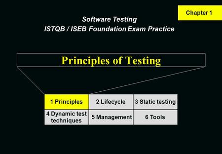 Principles of Testing 1 Principles2 Lifecycle 4 Dynamic test techniques 3 Static testing 5 Management6 Tools Software Testing ISTQB / ISEB Foundation.