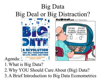 Big Data Big Deal or Big Distraction? Agenda: 1.What is Big Data? 2.Why YOU Should Care About (Big) Data? 3.A Brief Introduction to Big Data Econometrics.