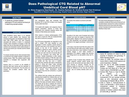 TEMPLATE DESIGN © 2008 www.PosterPresentations.com Does Pathological CTG Related to Abnormal Umbilical Cord Blood pH? Dr. Rima Anggrena Dasrilsyah, Dr.