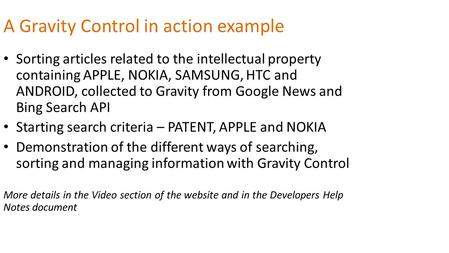 A Gravity Control in action example Sorting articles related to the intellectual property containing APPLE, NOKIA, SAMSUNG, HTC and ANDROID, collected.