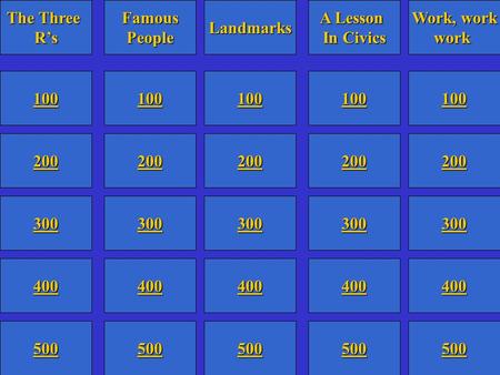 300 The Three R’s 100 200 400 500 300 Famous People 100 200 400 500 300 Landmarks 100 200 400 500 300 A Lesson In Civics 100 200 400 500 300 Work, work.