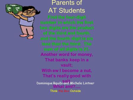 Welcome… Parents of AT Students Find the four-digit number in which the first two digits are the product of the third and fourth, and the fourth digit.