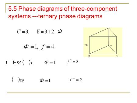 5.5 Phase diagrams of three-component systems ---ternary phase diagrams ( ) T or ( ) P ( ) T,P.