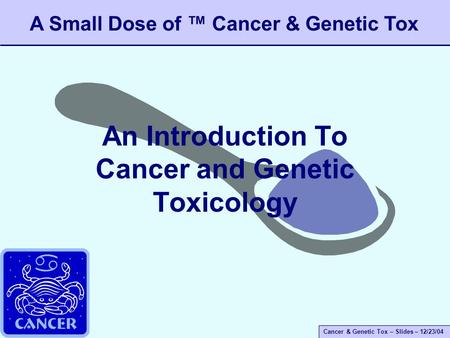 Cancer & Genetic Tox – Slides – 12/23/04 An Introduction To Cancer and Genetic Toxicology A Small Dose of ™ Cancer & Genetic Tox.