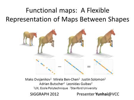 Functional maps: A Flexible Representation of Maps Between Shapes SIGGRAPH 2012 Maks Ovsjanikov 1 Mirela Ben-Chen 2 Justin Solomon 2 Adrian Butscher 2.