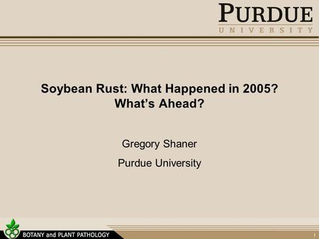 1 Soybean Rust: What Happened in 2005? What’s Ahead? Gregory Shaner Purdue University.