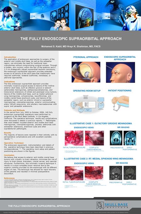 Mohamed S. Kabil, MD Hrayr K. Shahinian, MD, FACS THE FULLY ENDOSCOPIC SUPRAORBITAL APPROACH PTERIONAL APPROACH ENDOSCOPIC SUPRAORBITAL APPROACH OPERATING.