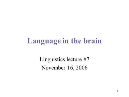 1 Language in the brain Linguistics lecture #7 November 16, 2006.