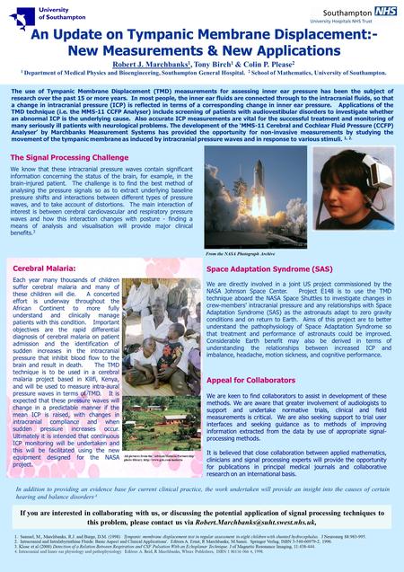 An Update on Tympanic Membrane Displacement:- New Measurements & New Applications Robert J. Marchbanks 1, Tony Birch 1 & Colin P. Please 2 1 Department.