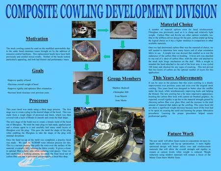 The stock cowling cannot be used on the modified snowmobile due to the under hood clearance issues brought on by the addition of emission control hardware.