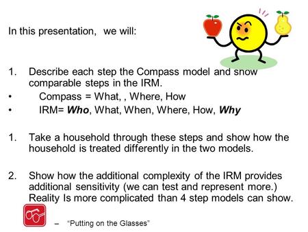 In this presentation, we will: 1.Describe each step the Compass model and show comparable steps in the IRM. Compass = What,, Where, How IRM= Who, What,