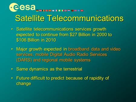 Satellite Telecommunications Satellite telecommunications services growth expected to continue from $27 Billion in 2000 to $106 Billion in 2010Satellite.