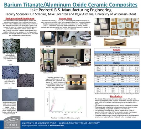 Jake Pedretti B.S. Manufacturing Engineering Faculty Sponsors: Lin Stradins, Mike Lorenzen and Rajiv Asthana, University of Wisconsin-Stout Un-doped, high-purity.